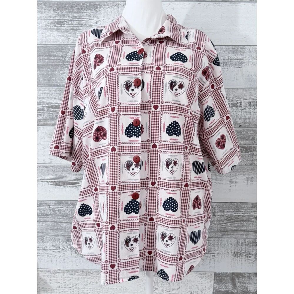 Separate Issue Heart Print Button-Up Shirt Women's Plus 2XL 100% Cotton Size 20W